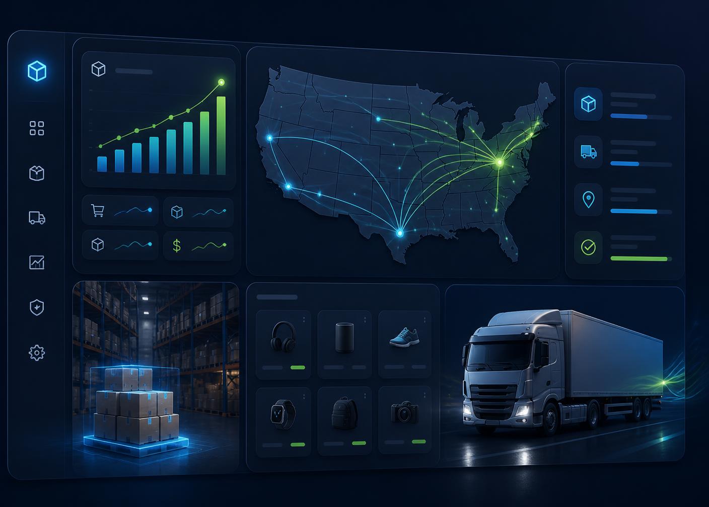 VesperStack BD warehouse dashboard showing US shipping routes, live order analytics, and same-day fulfillment